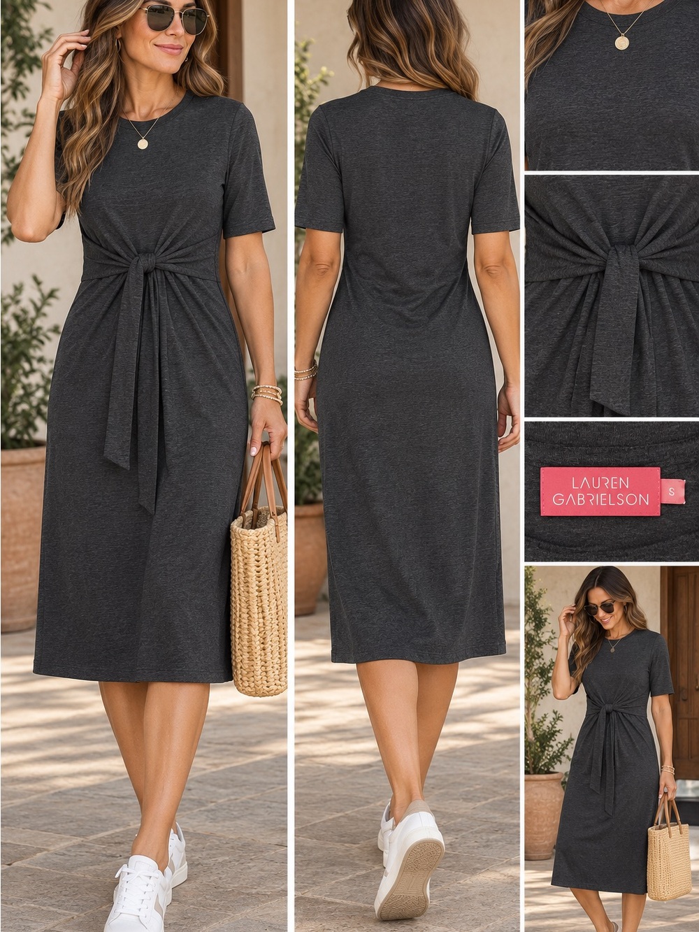 Charcoal Tie-Waist Midi Dress